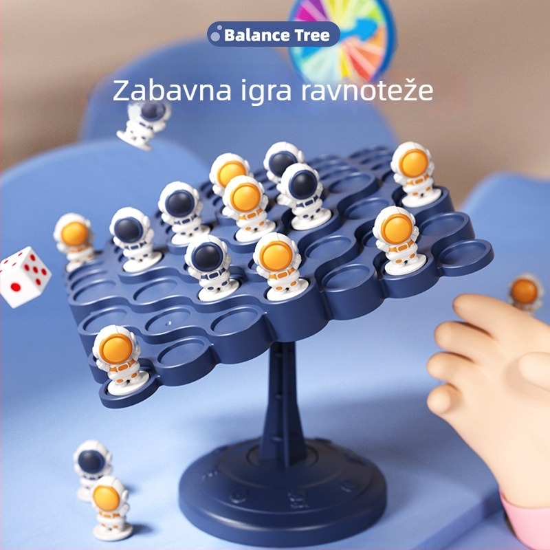 Stolna igra s temom astronauta za balansiranje i slaganje — plastika, za djecu 4–14 godina; potiče kognitivni razvoj, koordinaciju ruka-oko i interakciju roditelj-dijete.