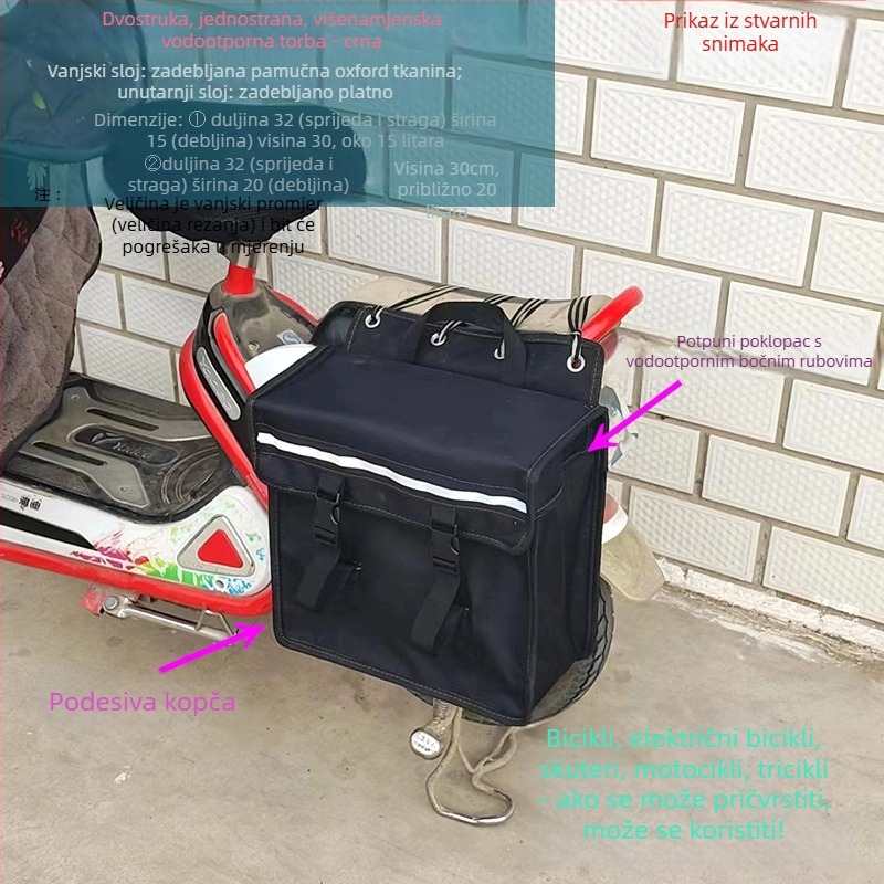 Crna platnena višenamjenska bočna torba za motocikle i elektromotorna vozila, pannier stil, torba za alate na stražnjem sjedalu