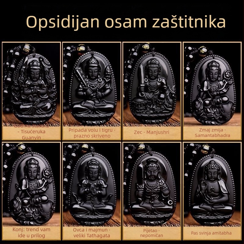 Ogrlica od obsidijana s privjeskom Buddhe za 12 znakova zodijaka