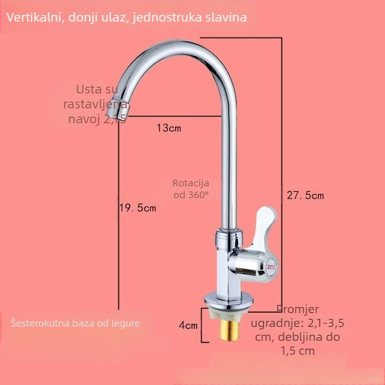 Zidna kuhinjska slavina za sudoper, hladna voda, s jednim ručnim pokretom, okretni izljev.