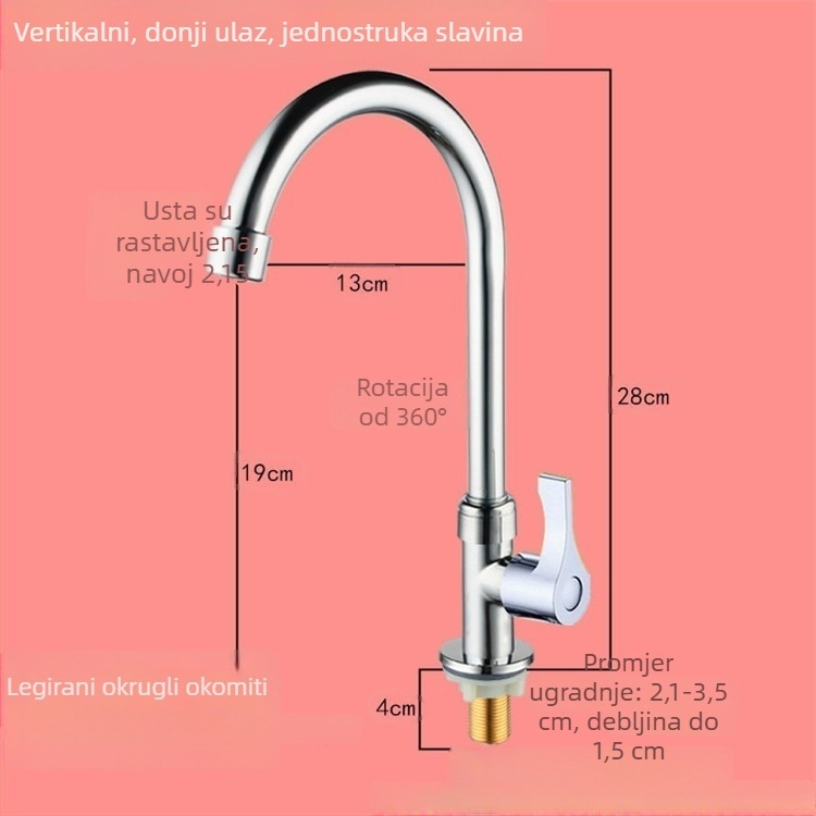 Zidna kuhinjska slavina za sudoper, hladna voda, s jednim ručnim pokretom, okretni izljev.