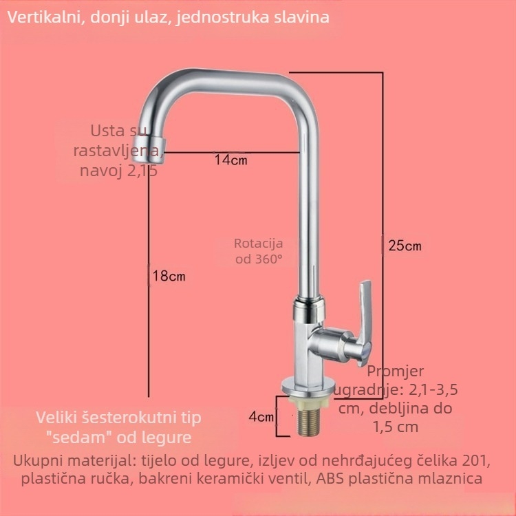 Zidna kuhinjska slavina za sudoper, hladna voda, s jednim ručnim pokretom, okretni izljev.