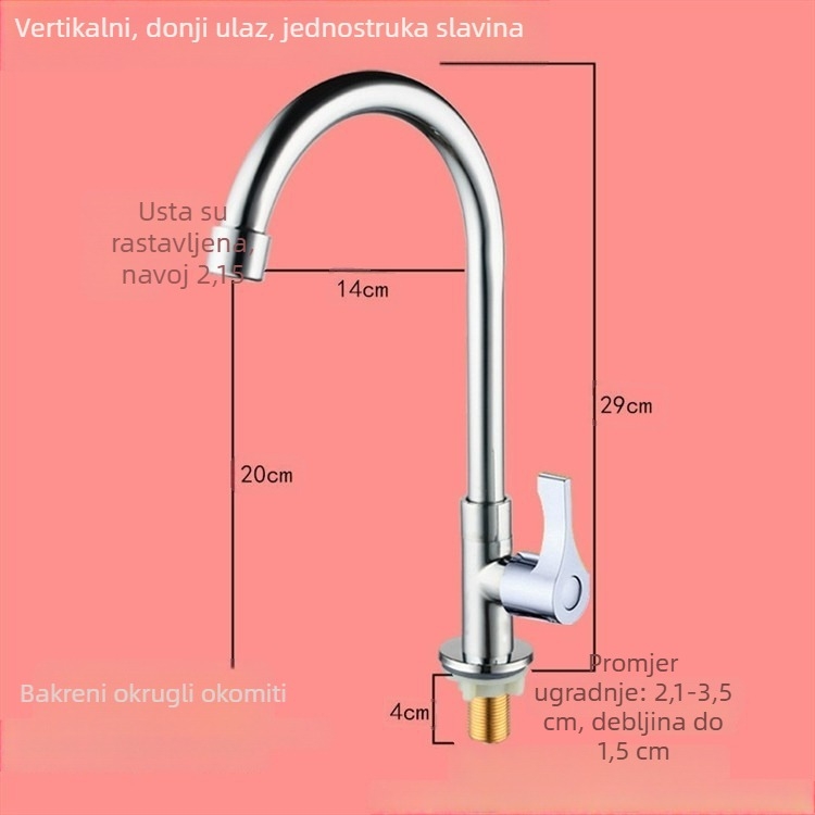Zidna kuhinjska slavina za sudoper, hladna voda, s jednim ručnim pokretom, okretni izljev.