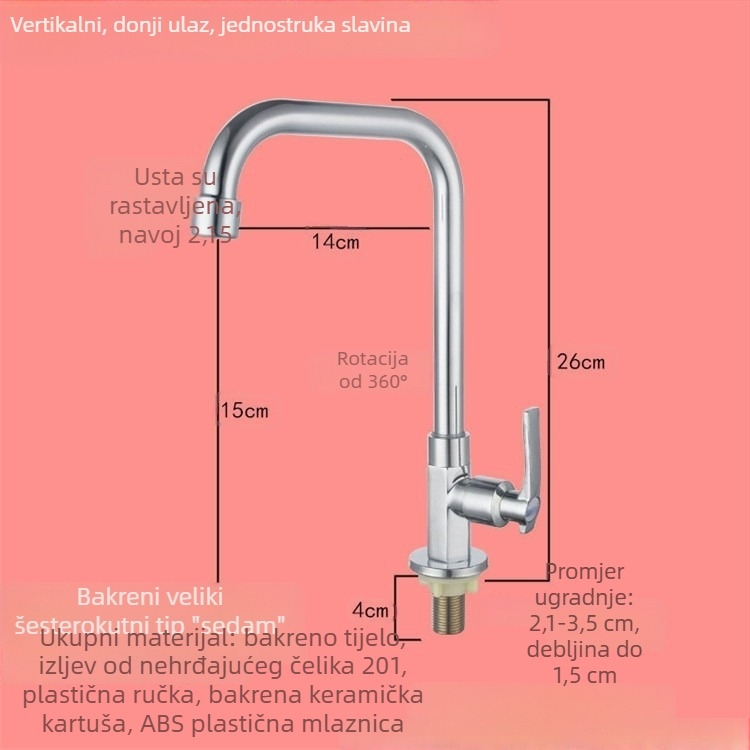 Zidna kuhinjska slavina za sudoper, hladna voda, s jednim ručnim pokretom, okretni izljev.