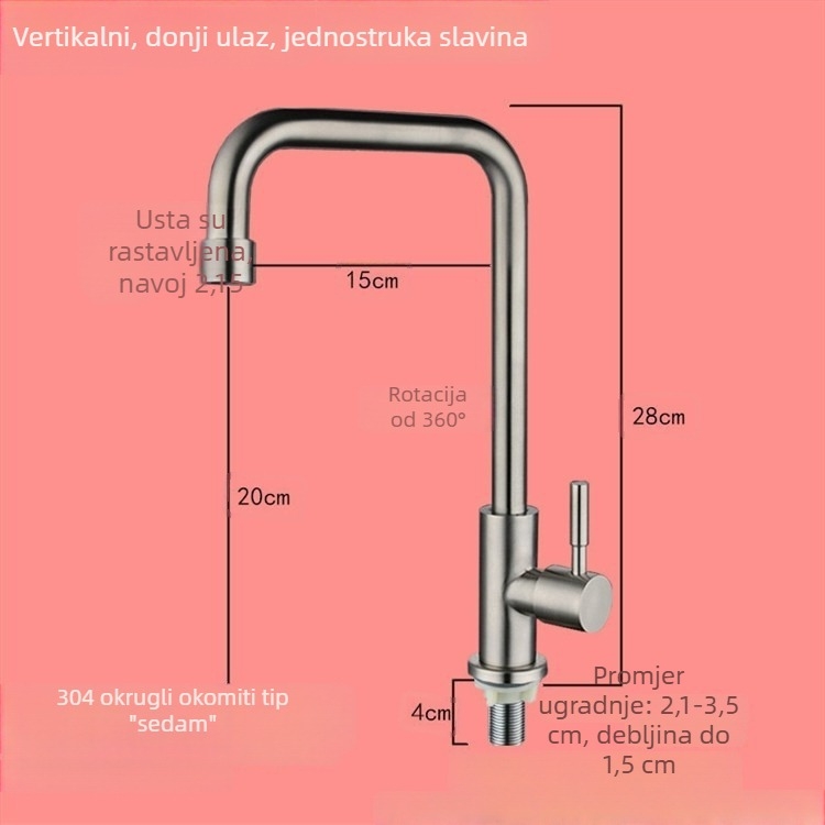 Zidna kuhinjska slavina za sudoper, hladna voda, s jednim ručnim pokretom, okretni izljev.