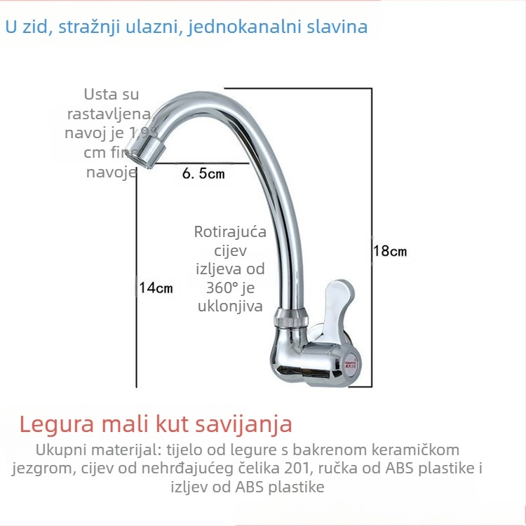 Zidna kuhinjska slavina za sudoper, hladna voda, s jednim ručnim pokretom, okretni izljev.