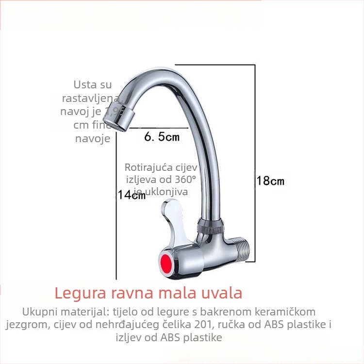 Zidna kuhinjska slavina za sudoper, hladna voda, s jednim ručnim pokretom, okretni izljev.