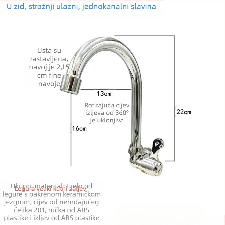 Zidna kuhinjska slavina za sudoper, hladna voda, s jednim ručnim pokretom, okretni izljev.