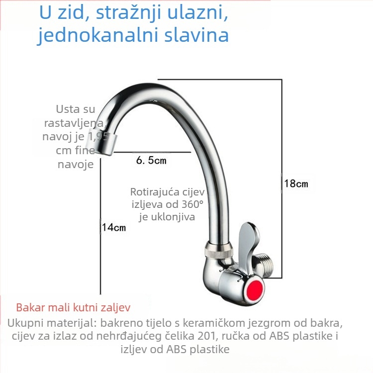 Zidna kuhinjska slavina za sudoper, hladna voda, s jednim ručnim pokretom, okretni izljev.