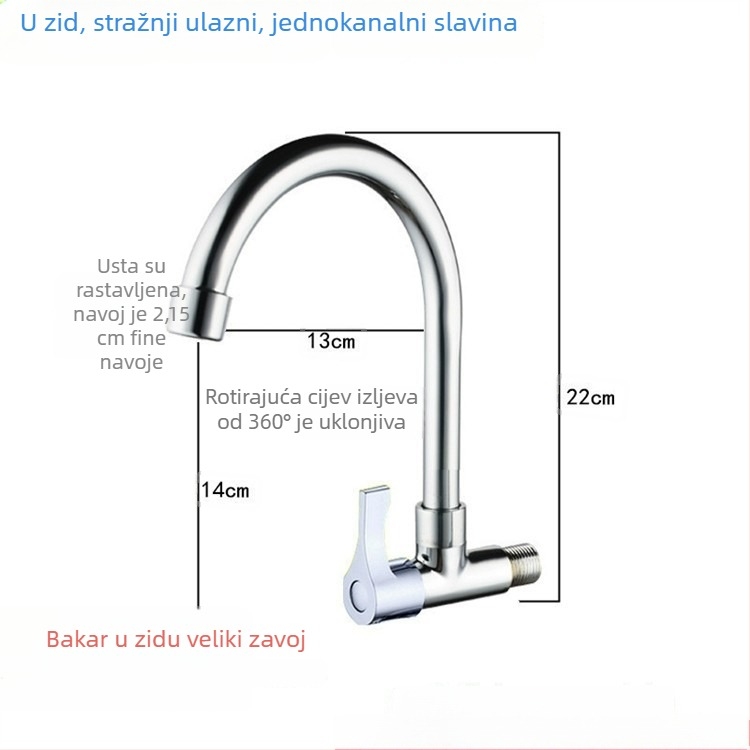 Zidna kuhinjska slavina za sudoper, hladna voda, s jednim ručnim pokretom, okretni izljev.