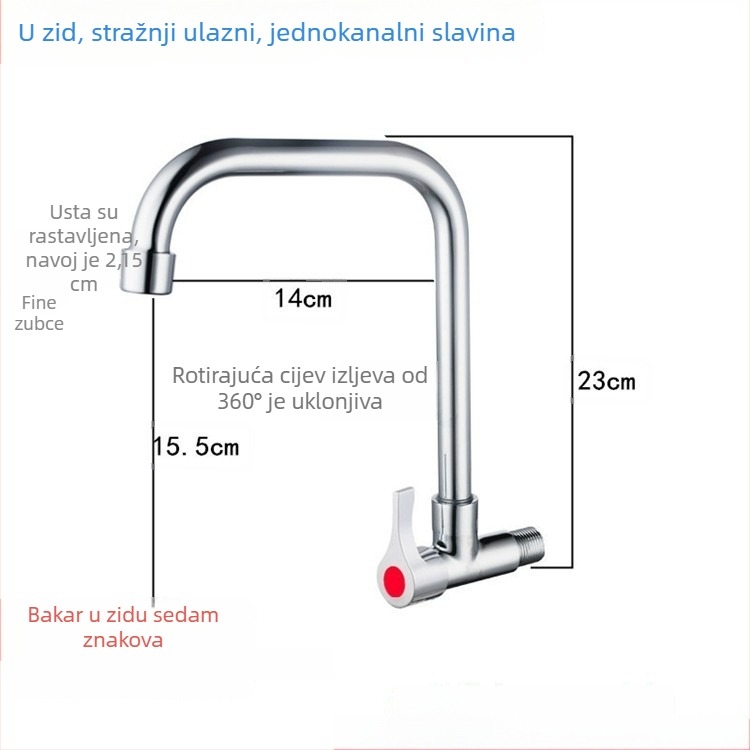 Zidna kuhinjska slavina za sudoper, hladna voda, s jednim ručnim pokretom, okretni izljev.
