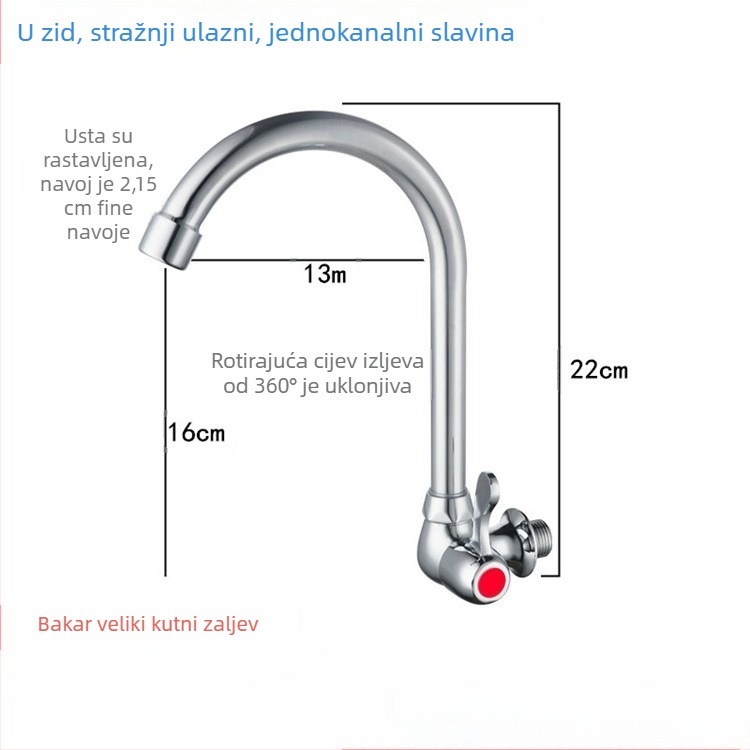 Zidna kuhinjska slavina za sudoper, hladna voda, s jednim ručnim pokretom, okretni izljev.