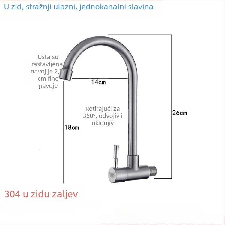 Zidna kuhinjska slavina za sudoper, hladna voda, s jednim ručnim pokretom, okretni izljev.