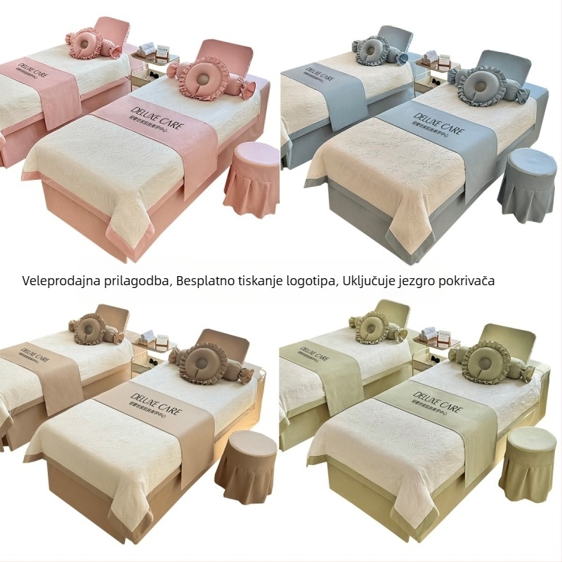 Četverodijelni set navlaka za kozmetičku postelju, poliestersko-pamučna smjesa, reaktivna tinta, težina 800–1000 g/m², uzorak prugasti ili jednobojni