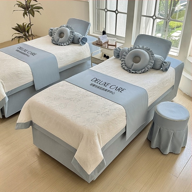 Četverodijelni set navlaka za kozmetičku postelju, poliestersko-pamučna smjesa, reaktivna tinta, težina 800–1000 g/m², uzorak prugasti ili jednobojni