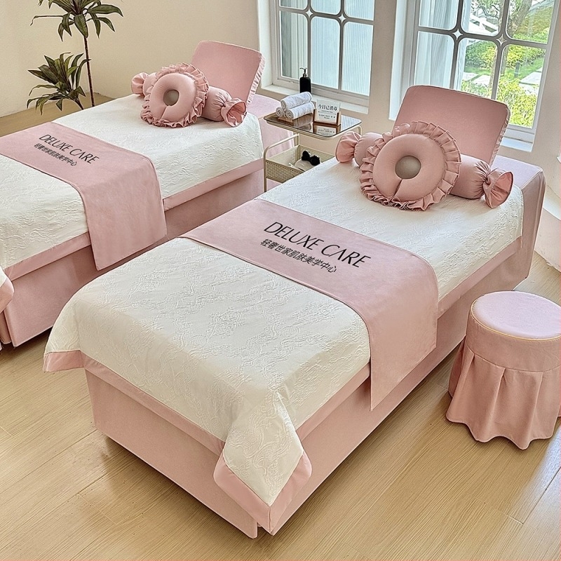 Četverodijelni set navlaka za kozmetičku postelju, poliestersko-pamučna smjesa, reaktivna tinta, težina 800–1000 g/m², uzorak prugasti ili jednobojni