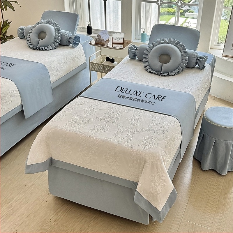 Četverodijelni set navlaka za kozmetičku postelju, poliestersko-pamučna smjesa, reaktivna tinta, težina 800–1000 g/m², uzorak prugasti ili jednobojni