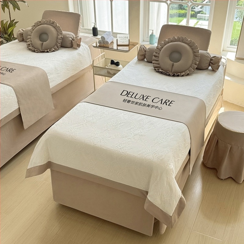 Četverodijelni set navlaka za kozmetičku postelju, poliestersko-pamučna smjesa, reaktivna tinta, težina 800–1000 g/m², uzorak prugasti ili jednobojni