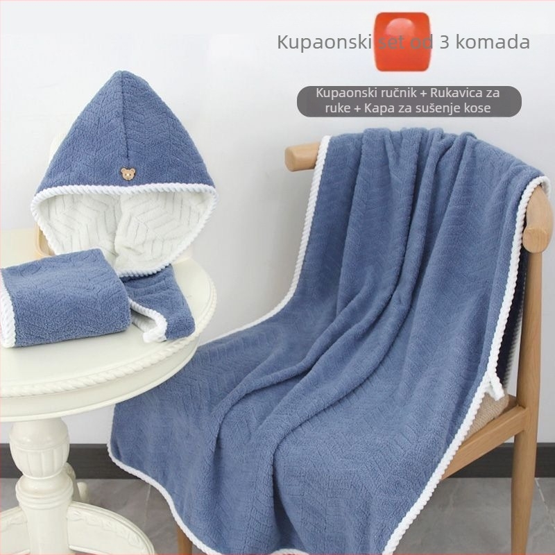 Trodjelni set ručnika za kupanje s kapom za sušenje kose - koralni flis, 350 g, brzo sušenje, visoka upijavost, bez vlakana