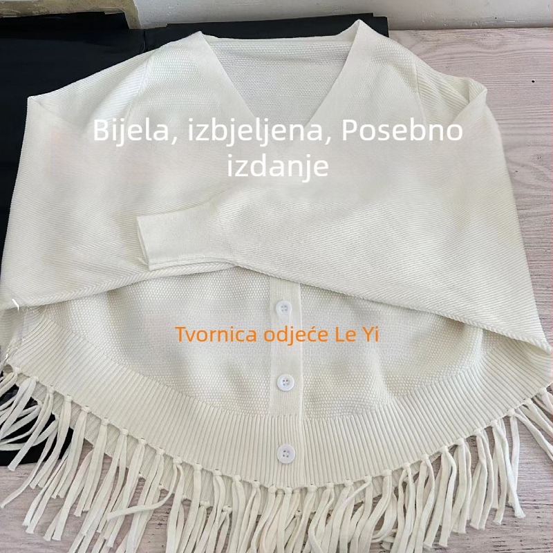 Cardigan-stil pleteni gornji dio s bat rukavima, V-izrez, pleteni materijal, viskozna 50–70% i poliester <30%, kratka duljina 40–50 cm