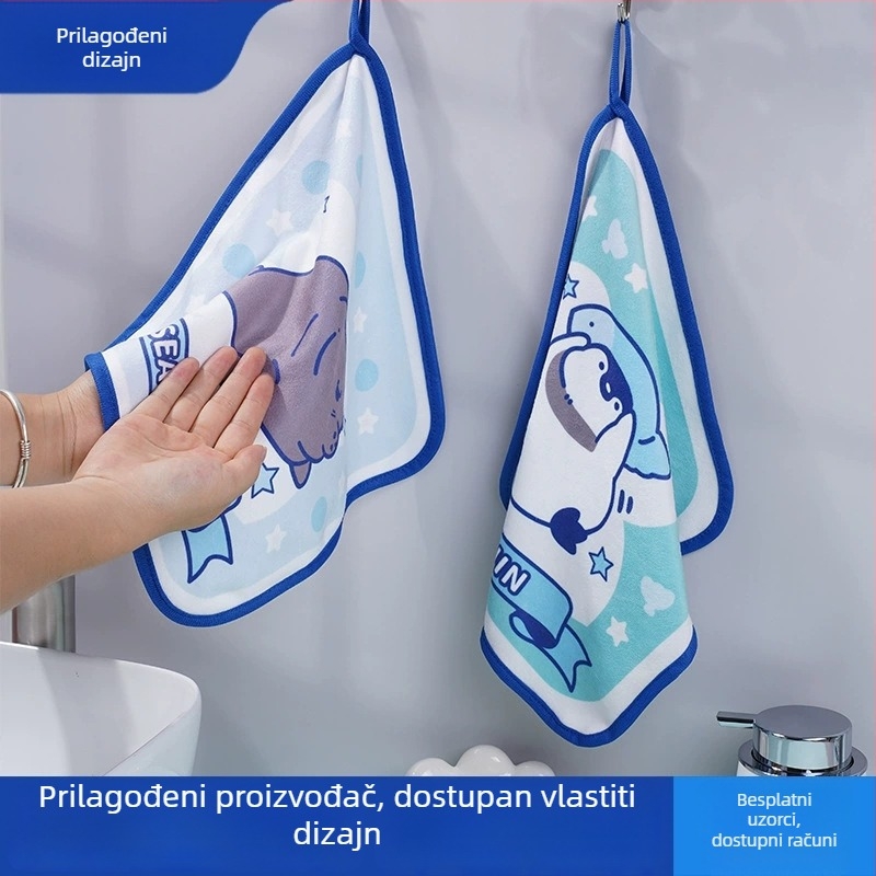 Dječji ručnik za ruke od koralnog velura s izvezom, za kačenje, bez mirisa, upijajući; Materijal: koralni velur; Težina: 30–50 g; Vlakna: 32 vlakana; Proizvodnja: vez, šav; Prilagodljivo