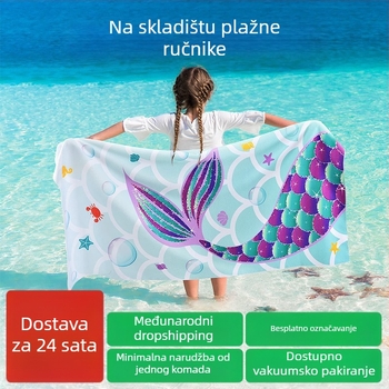 Dječji mikrovlaknasti ručnik za kupanje/plažu s otiskom crtića, 200–300 g, poliester, 16-vlasi, šivena jednostavna tkanina
