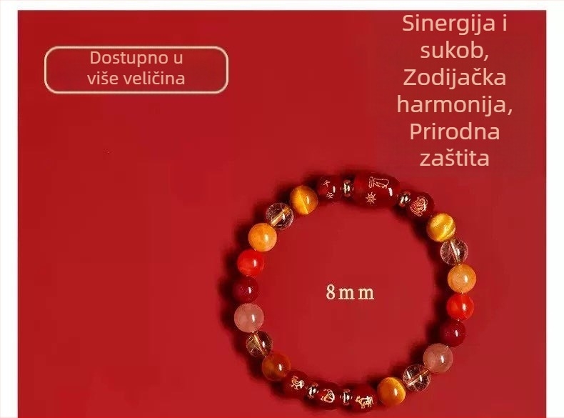 Crvena ahat narukvica zodijaka za Godinu Konja, troharmonična kristalna cinnabar narukvica za Potkana, Bika i Zeca