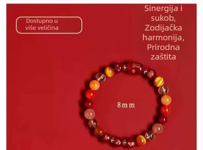 Crvena ahat narukvica zodijaka za Godinu Konja, troharmonična kristalna cinnabar narukvica za Potkana, Bika i Zeca