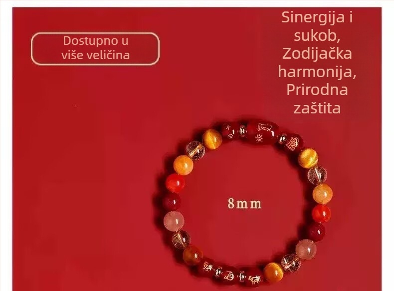 Crvena ahat narukvica zodijaka za Godinu Konja, troharmonična kristalna cinnabar narukvica za Potkana, Bika i Zeca