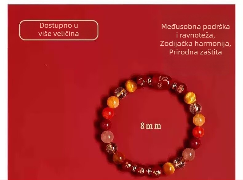 Crvena ahat narukvica zodijaka za Godinu Konja, troharmonična kristalna cinnabar narukvica za Potkana, Bika i Zeca