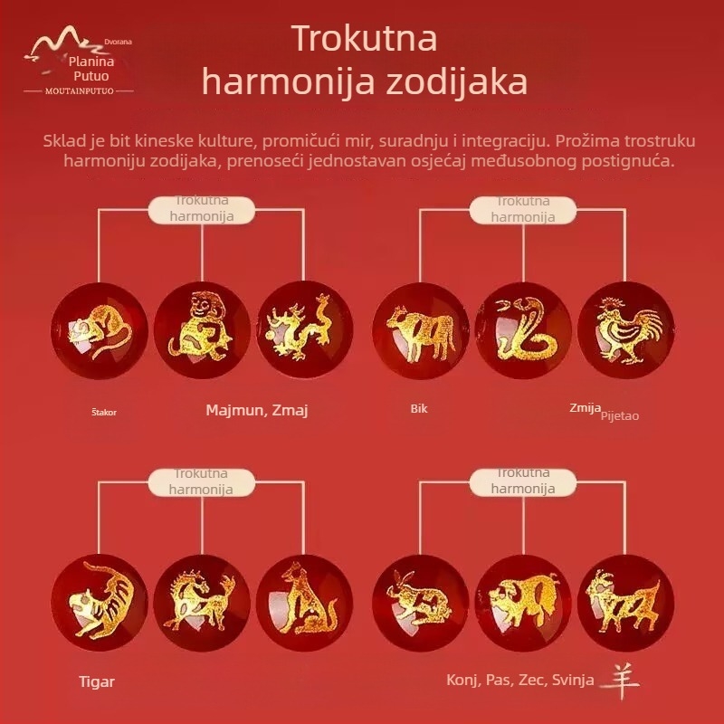 Crvena ahat narukvica zodijaka za Godinu Konja, troharmonična kristalna cinnabar narukvica za Potkana, Bika i Zeca