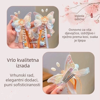 Dječja kopča za kosu u drevnom stilu s resicama i cvijećem – ručna izrada, klipsa za kosu, izšivena leptir, Princeza serija