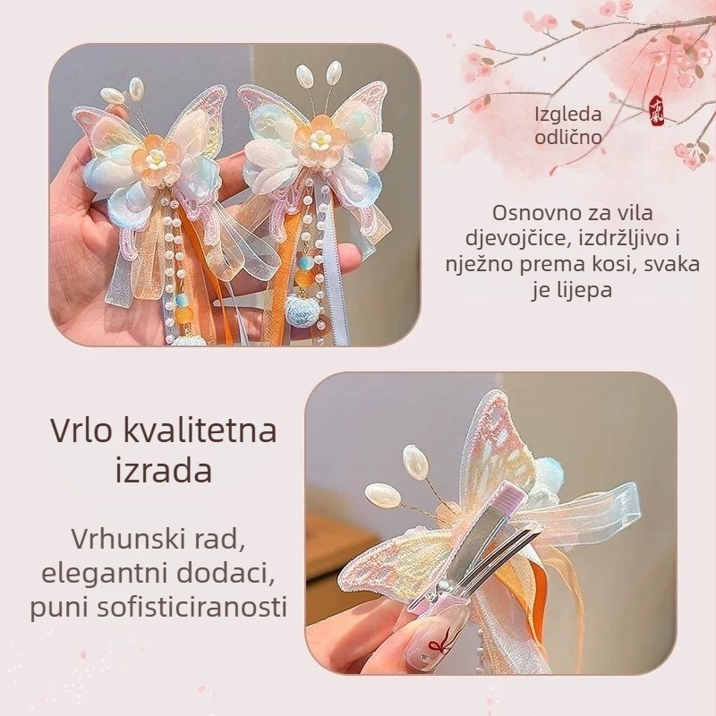 Dječja kopča za kosu u drevnom stilu s resicama i cvijećem – ručna izrada, klipsa za kosu, izšivena leptir, Princeza serija