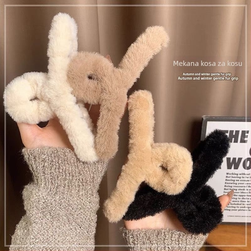 Dječji klip za kosu s umjetnim krznom zeca – Gripper klips, plast/smola, sladak uzorak