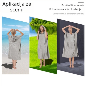 Ženski kaput za kupanje s kapuljom od mikrovlakna, kap-stil, brzo sušenje i upijanje; težina tkanine 400–500 g, 120D, obična tkanina
