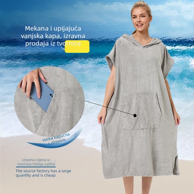 Ženski kaput za kupanje s kapuljom od mikrovlakna, kap-stil, brzo sušenje i upijanje; težina tkanine 400–500 g, 120D, obična tkanina