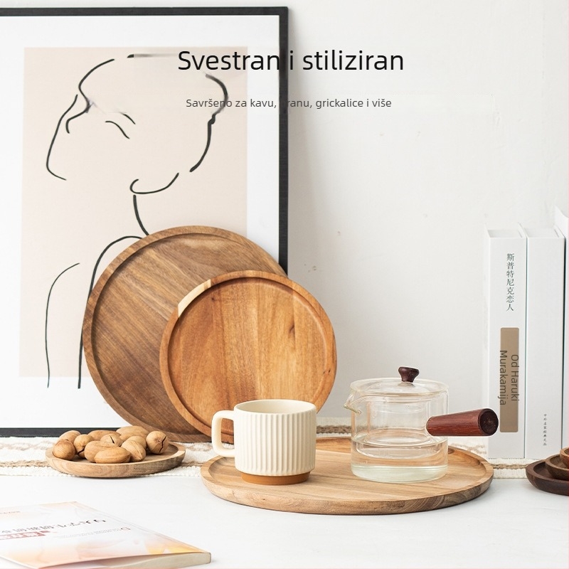Drveni kružni tanjur za desert — Materijal: Drvo; Oblik: Kružno; Površina: Polirana; Stil: Moderan minimalistički; Uzorak: Jednostavan