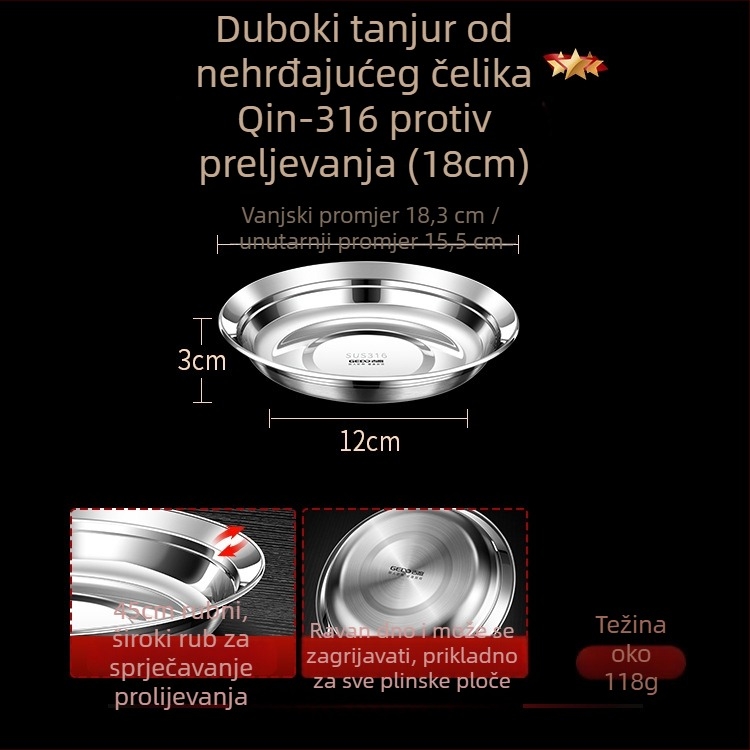 Tanjur od 316 nehrđajućeg čelika, okrugli duboki tanjur, prehrambena kvaliteta, sjajna površina, moderni minimalistički stil