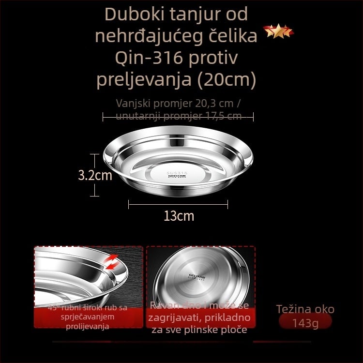 Tanjur od 316 nehrđajućeg čelika, okrugli duboki tanjur, prehrambena kvaliteta, sjajna površina, moderni minimalistički stil