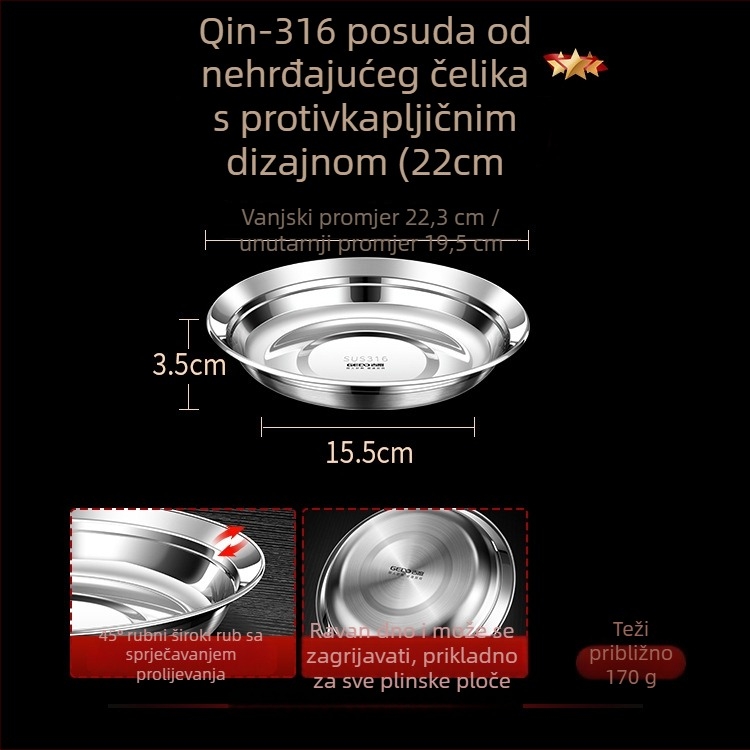 Tanjur od 316 nehrđajućeg čelika, okrugli duboki tanjur, prehrambena kvaliteta, sjajna površina, moderni minimalistički stil