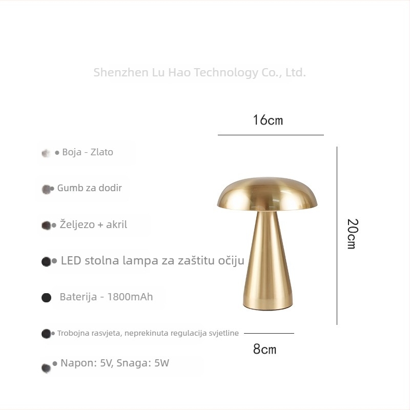 Lampa s gljivom za stol s dodirnim noćnim svjetlom – metalni držač, model ST-06B, ≤36V