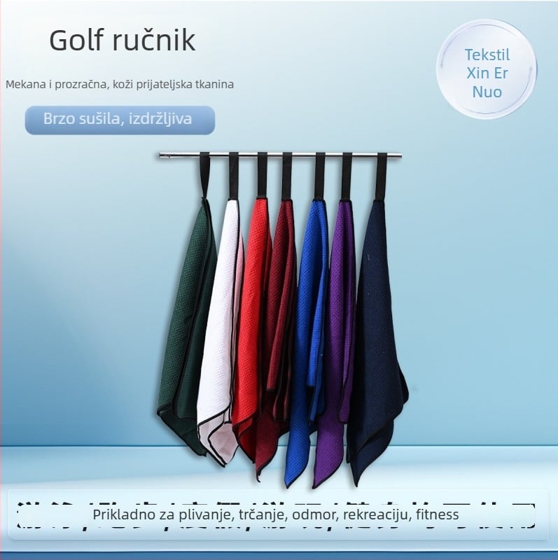 Golf ručnik s kukom za kačenje - poliester, brzo sušenje, visoka apsorpcija, mogućnosti izšivanja ili tiska