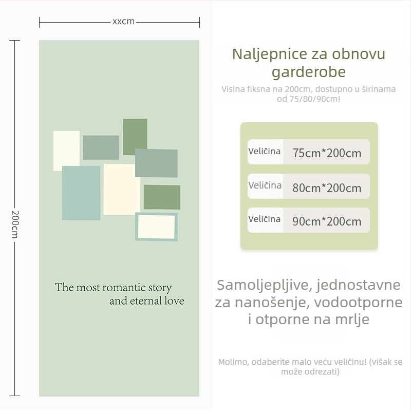 Samoljepljiva folija za vrata za klizna vrata i ormare – PVC materijal, vodootporna zidna naljepnica, spavaća soba, jednostavan i moderan stil