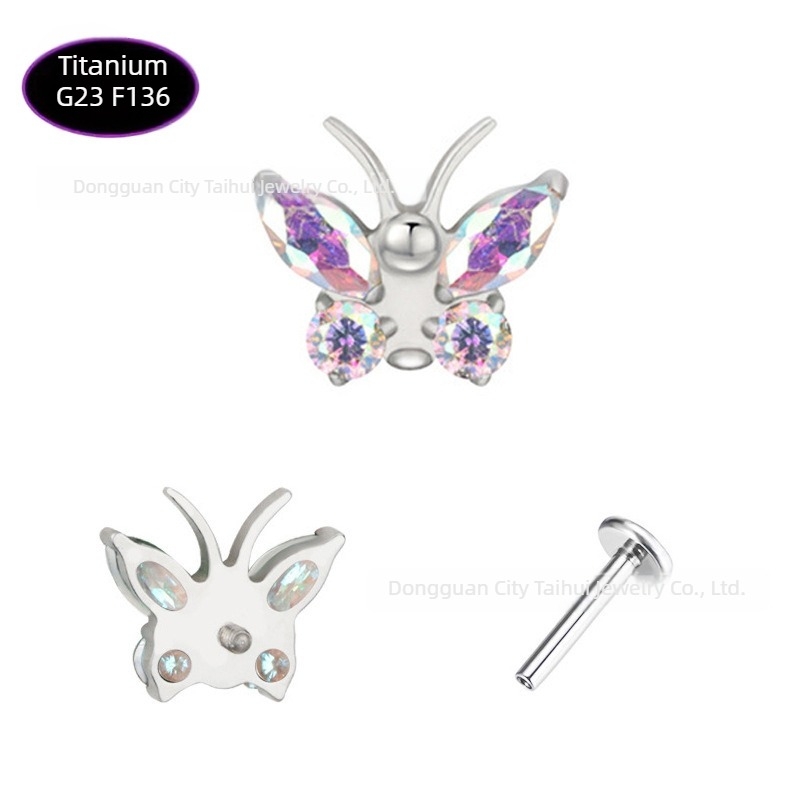 Piercing za usne – leptir od titanijskog legura s cirkon kristalima (5A), čistoća G23