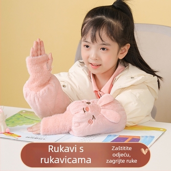 Dječje rukave s rukavicama za jesen 2025 – pliš karikatura, anti prljavština, jednobojne, za djevojčice 3–13 godina