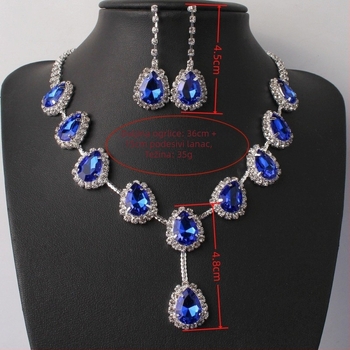 Set naušnica i ogrlica od rhinestones – bakrena kandžasta lančana poveznica, srebrno premaz, dizajn kapljice vode, prilagodljiva duljina ogrlice 50 cm, duljina naušnica 4,3 cm, elegantan vjenčani nakit