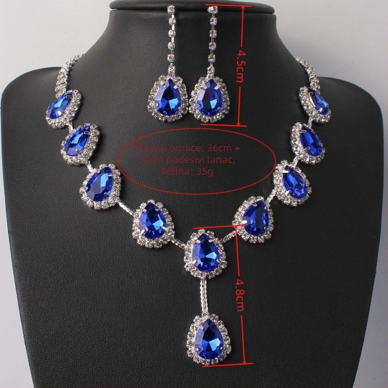 Set naušnica i ogrlica od rhinestones – bakrena kandžasta lančana poveznica, srebrno premaz, dizajn kapljice vode, prilagodljiva duljina ogrlice 50 cm, duljina naušnica 4,3 cm, elegantan vjenčani nakit
