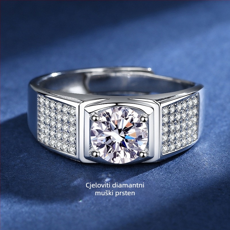 Moissanitni prsten za muškarce – 1 ct, 925 sterling srebro, otvoreni dizajn, stil za parove