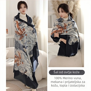 Šal od janjeće vune s otiskom, etnički stil, dvostruka namjena: šal i marama, debeo za sve sezone