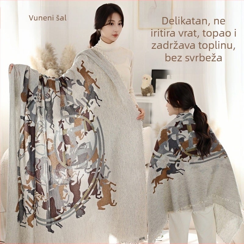 Šal od janjeće vune s otiskom, etnički stil, dvostruka namjena: šal i marama, debeo za sve sezone